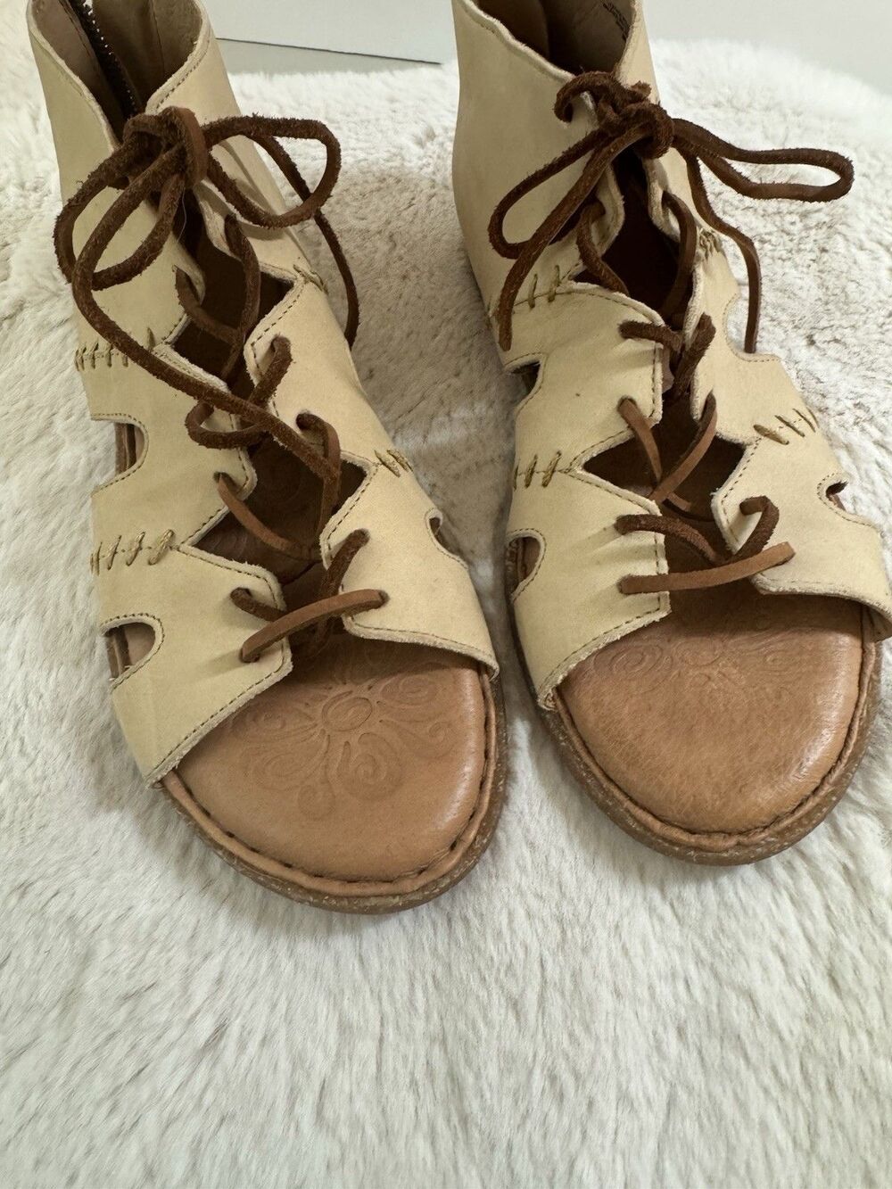 Born Nea Gladiator Sandals Womens 8 Lace Up Zip Open Toe Brown Leather Boho New